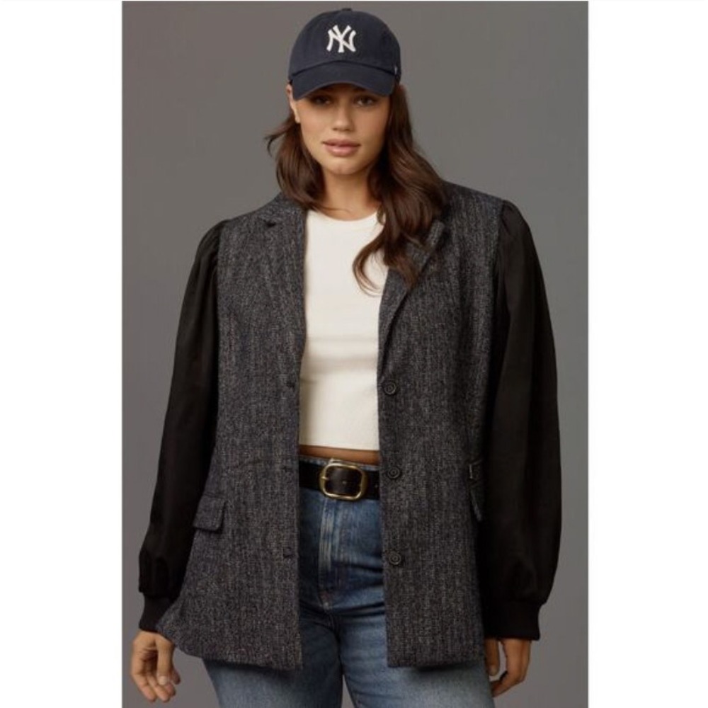 Maeve Anthropologie Tweed Mixed Media Puff Sleeve‎ Blazer Jacket Grey Black 20W